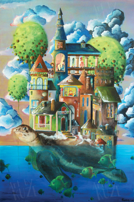 Turtle World, een verhaal van Emma Storris, geïnspireerd door een schilderij van Kuze